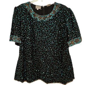 Vintage Stenay Woman Black Silk Floral Gold Sequin Boat Neck Top Blouse Plus 16W